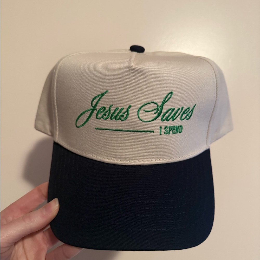 Cream and Navy Hat with Green Embroidery